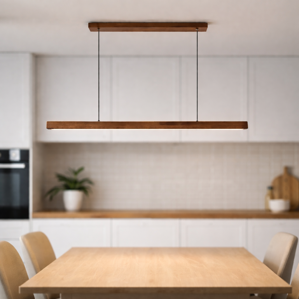Lampa wisząca LED z drewnem – listwa nad stół