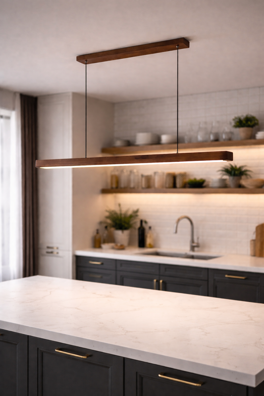 Lampa wisząca LED z drewnem – listwa nad stół