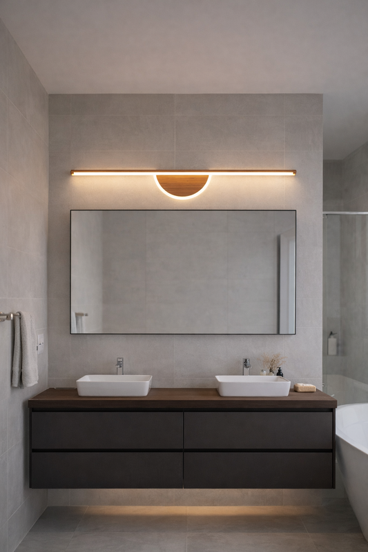 Kinkiet LED z efektem drewna – nad lustro