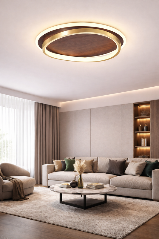Lampa sufitowa LED z drewnem – retro okrągła
