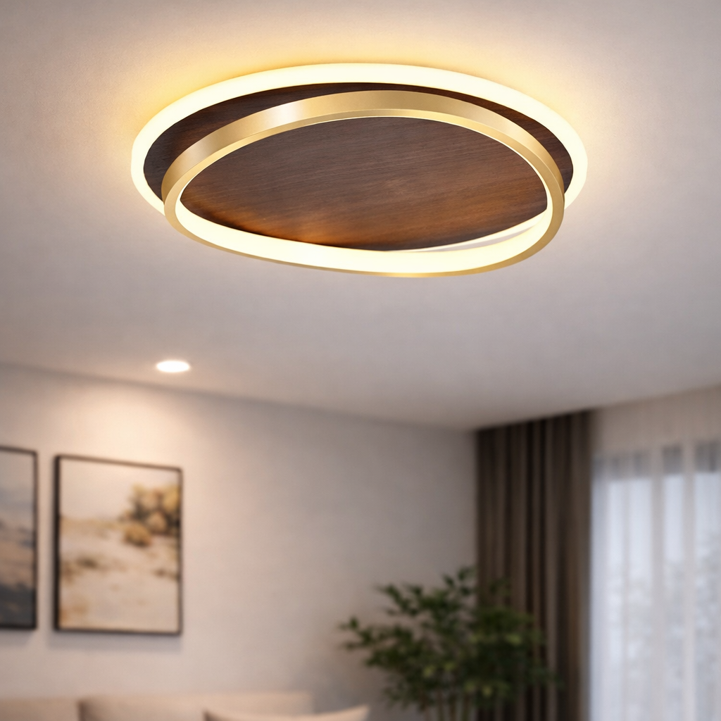 Lampa sufitowa LED z drewnem – retro okrągła