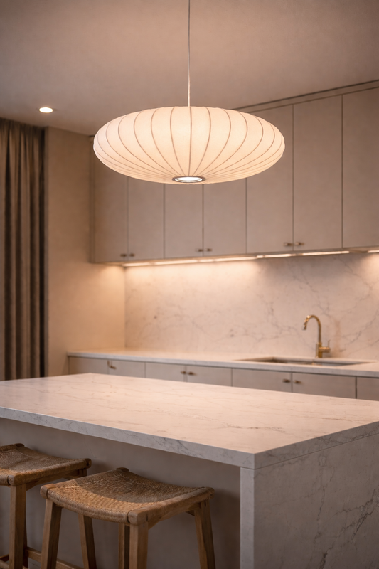 Lampa wisząca z tkaniny – styl japandi