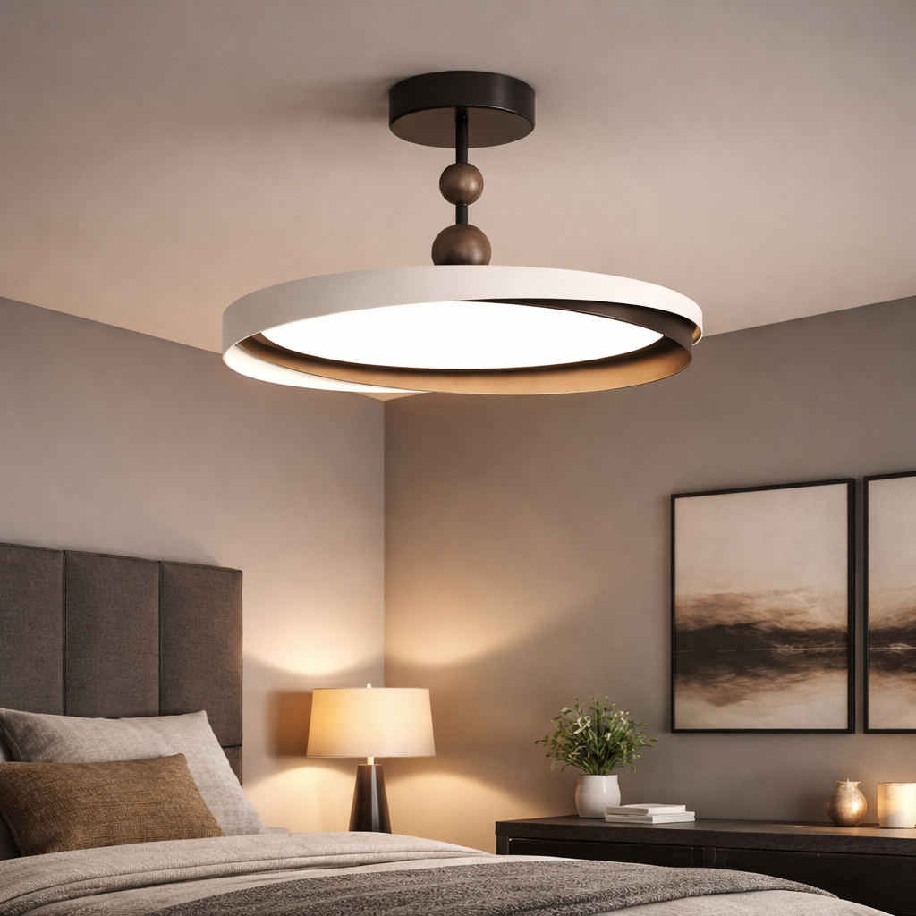 Retro lampa wisząca LED – orzechowa do sypialni i korytarza