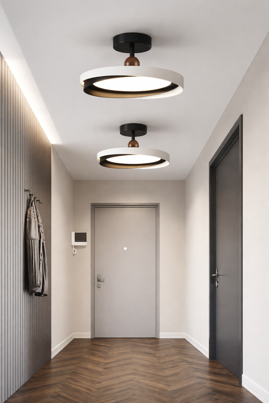 Retro lampa wisząca LED – orzechowa do sypialni i korytarza